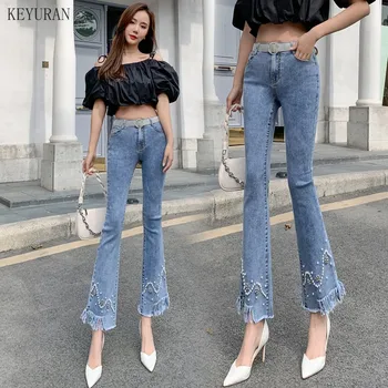 2021 Novo Visoko Pasu Flare Jeans Za Ženske Plus Velikost Moda Slim Biseri Beading Stretch Traper Hlače Ženske Letnik Tassel Kavbojke