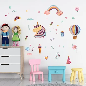 Balon na vroč zrak rainbow unicorn stenske nalepke, dekorativne nalepke, otroška soba dekorativne stenske nalepke sklop 4