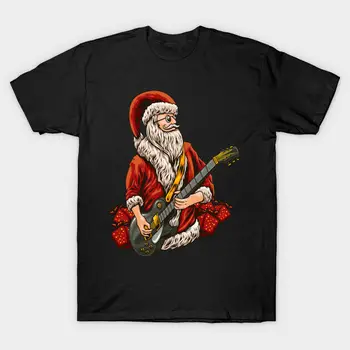 Božič Santa Claus Igra Kitaro Parodija Smešno Črni T-Shirt Harajuku Ullzang T-shirt Smešno Tees Moški Prevelik T-shirt