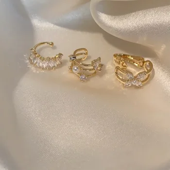 Goth korejski Moda Zlato CZ Kristalno Uho Hlačnice Ponaredek Piercing Pearl Posnetek na Uhane za Ženske, Darilo 2021