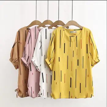 HXYZ Poletje plus velikost ženske vrhovi in blusa 2019 rumeno belo črtasto lok kratek rokav priložnostne majice 4XL-6XL ohlapne srajce femm