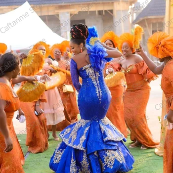 Luksuzni Kraljevsko modra Afriki Večerne Obleke morska deklica Plus Velikost Dolge Rokave Appliques Aso Ebi Prom Stranka Halje 2021