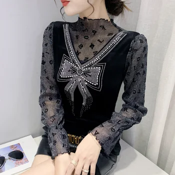 Moda Priložnostne Dolgimi Rokavi Ženske Vrhovi Novo 2021 Jeseni Turtleneck Mozaik Diamanti Lok Black T-Shirt Plus Velikost Oblačila