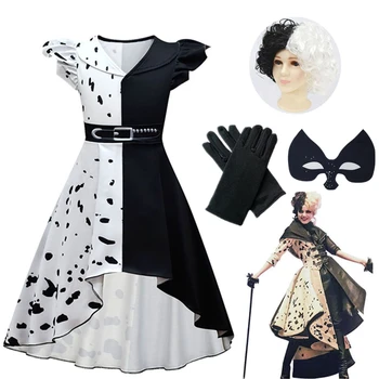 Modni Film Halloween Kostumi za Otroke Oblačila Dekleta Cruella De Vil Cosplay Modno Črno Bel Polka Devica Princesa Obleke