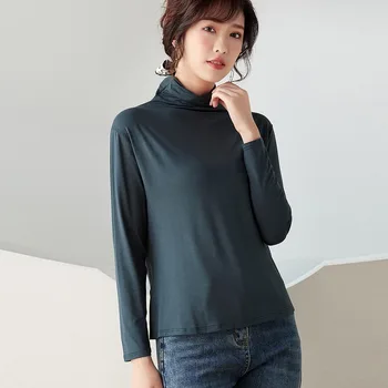 Pomlad Jesen Korejske Modne Ženske Turtleneck Bombaž Dolg Rokav Prevelik T Shirt Visoko Stretch Slim Vrhovi Oblačila Blusa Feminina