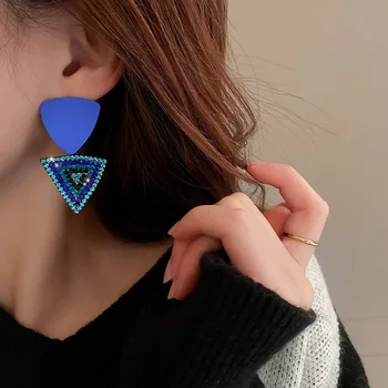 XIALUOKE Pečemo Lak Dolgo Geometrijo Trikotnika Modra Kristal Spusti Uhani Za Ženske Nosorogovo Uhani Visijo Izjavo Nakit